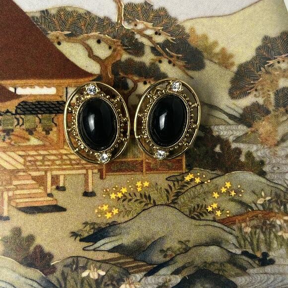 Vintage 90s Gold and Black Cabochon Clip Earrings - Picture 1 of 6